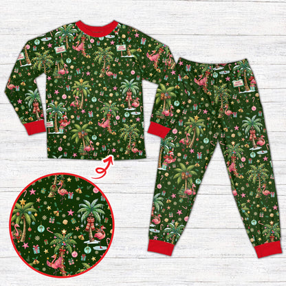 Green tropical flamingo christmas pajama set, front view