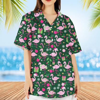 Close up front view of the festive flamingo pattern on the pajama top