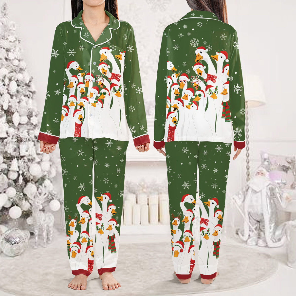 Green christmas pajama set top featuring ducks with santa hats and antlers