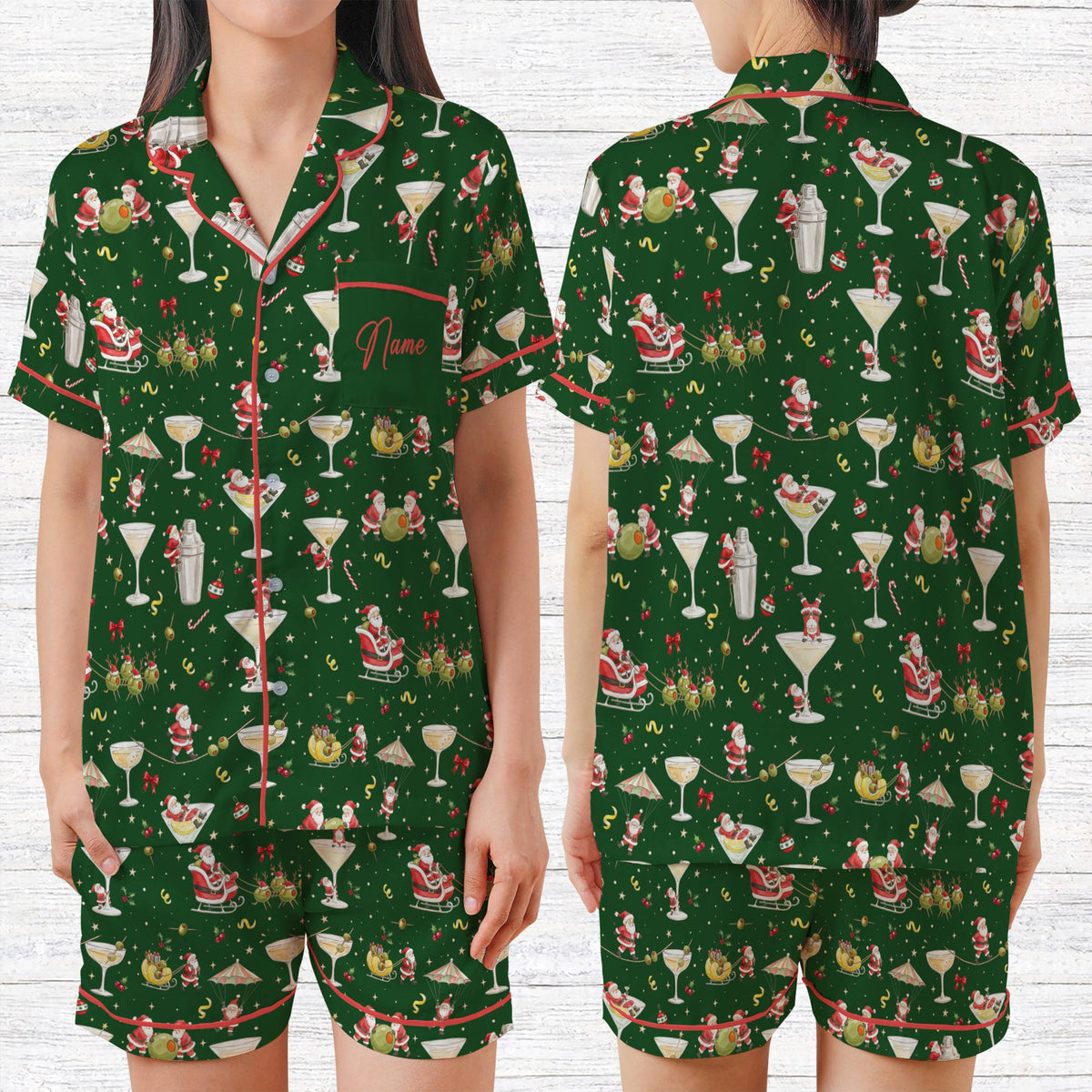 Green personalized christmas pajama set with custom name and number