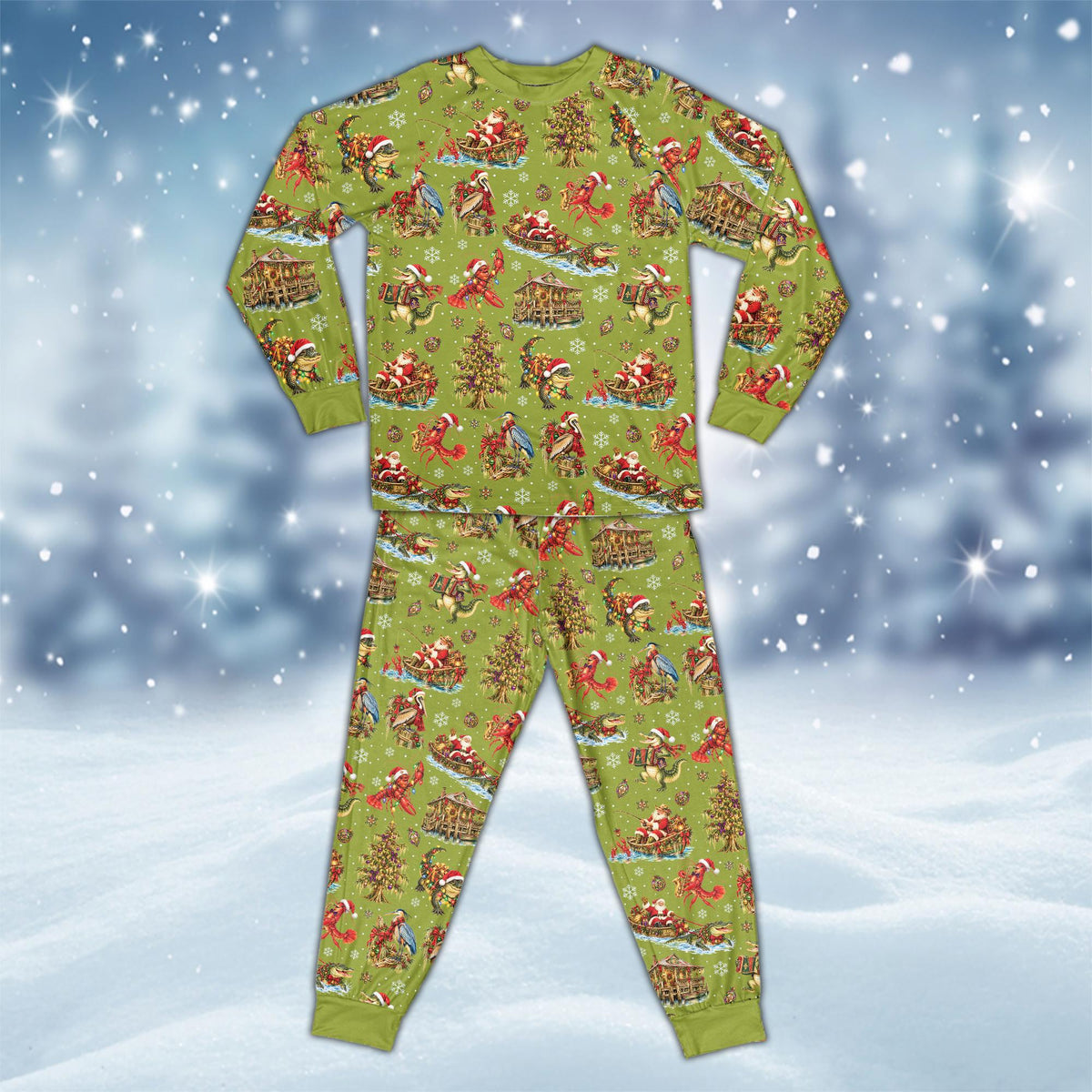 Green matching family xmas pajamas with Southern holiday elements, front view