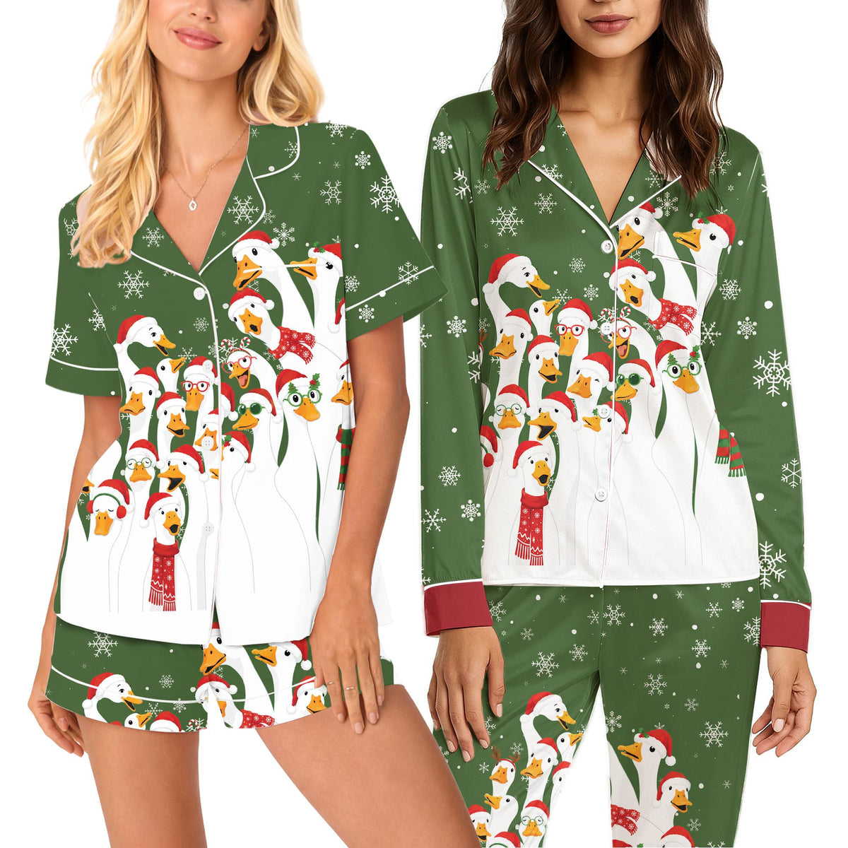 Green christmas pajama set folded showcasing the festive ducks