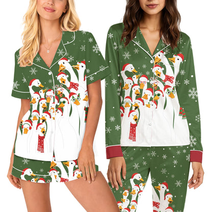 Green christmas pajama set folded showcasing the festive ducks