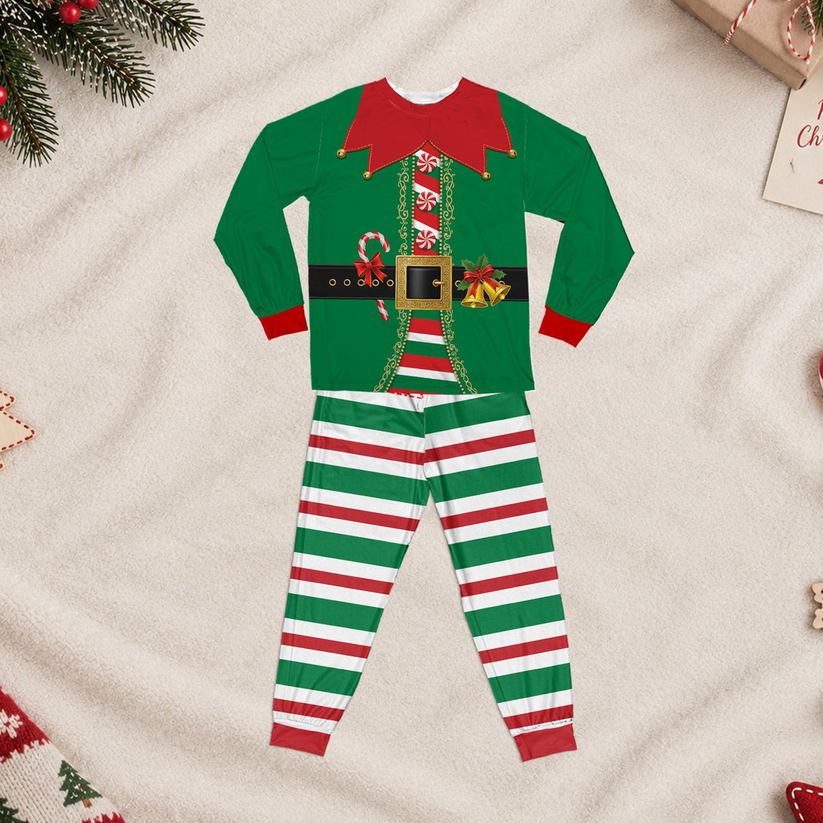 Close up of the custom name and number on the elf pajama top