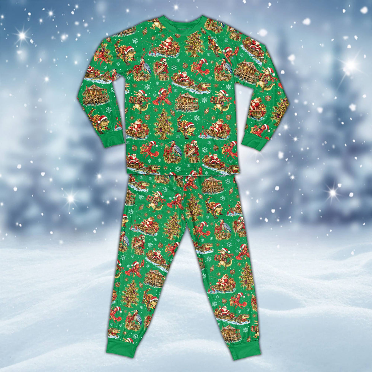 Light green family matching holiday pajamas with Santa in boat, front view