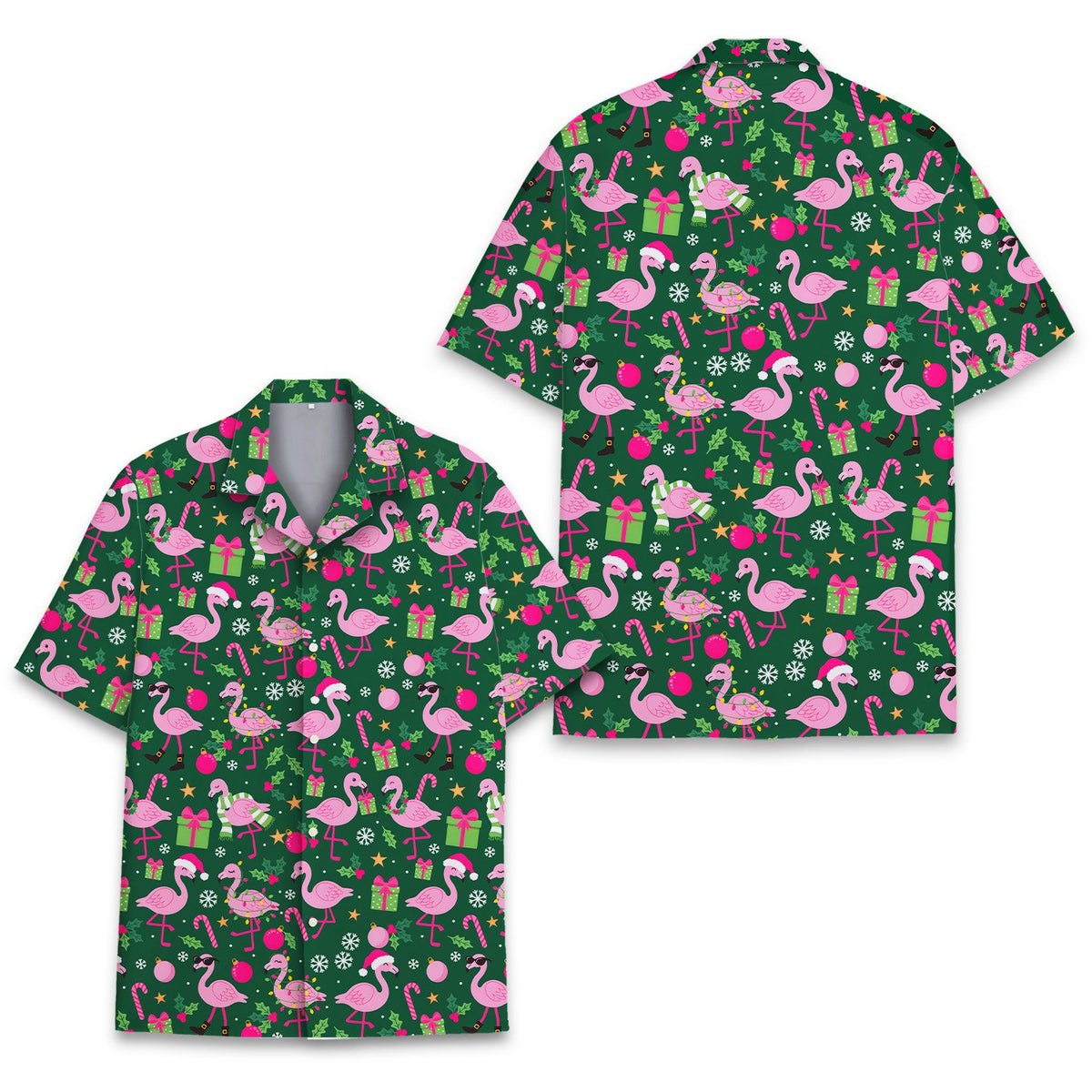 Front view showing the flamingo and present details on the pajama set