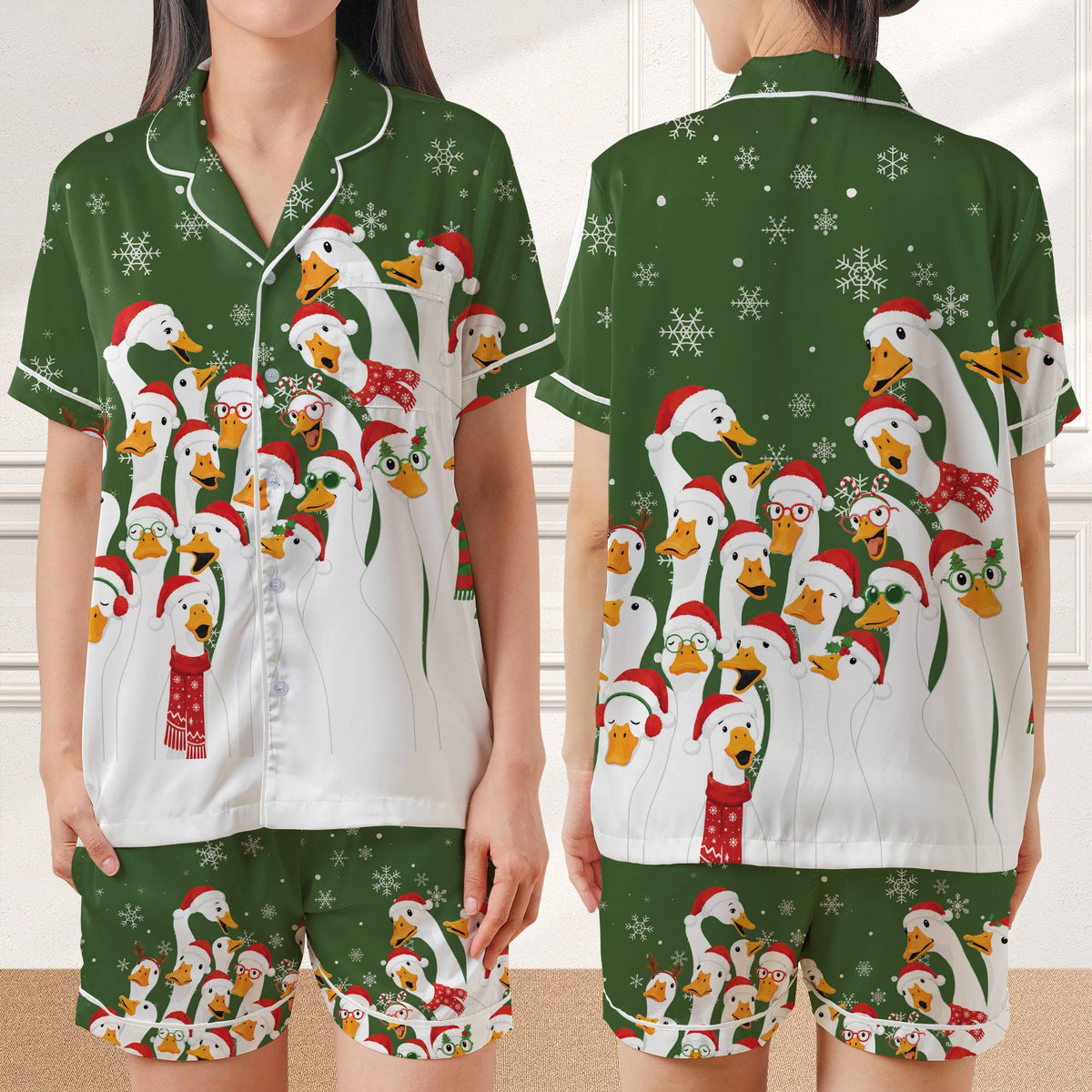 Green christmas pajama set flat lay of the holiday sleepwear