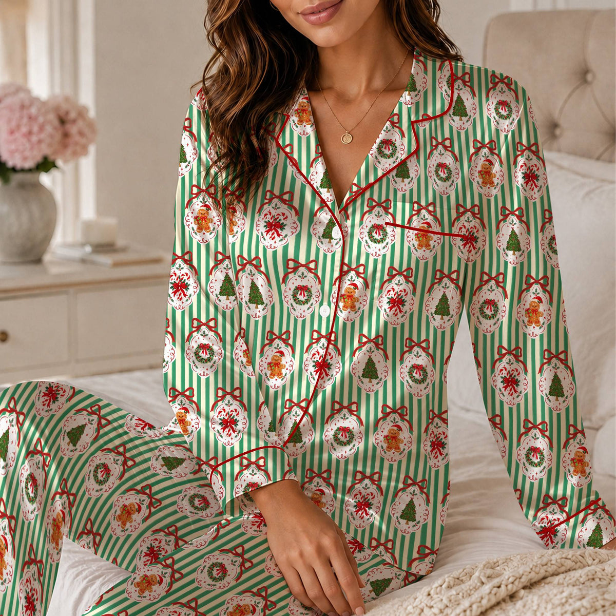 Personalized christmas pajama set with festive ornament pattern and custom name