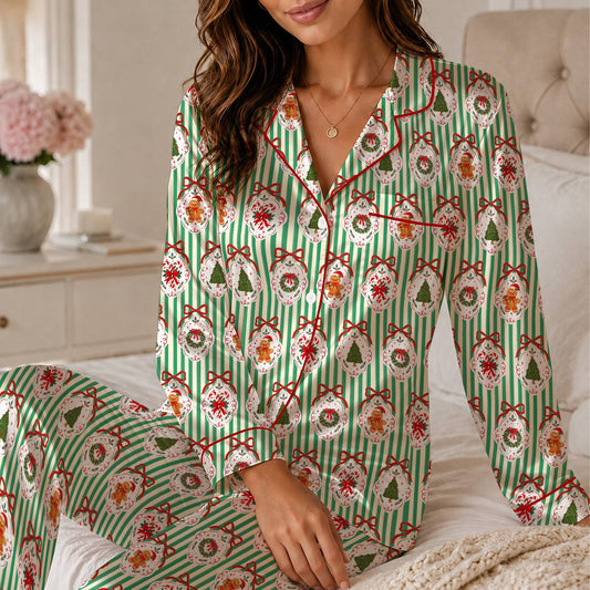 Personalized christmas pajama set with festive ornament pattern and custom name