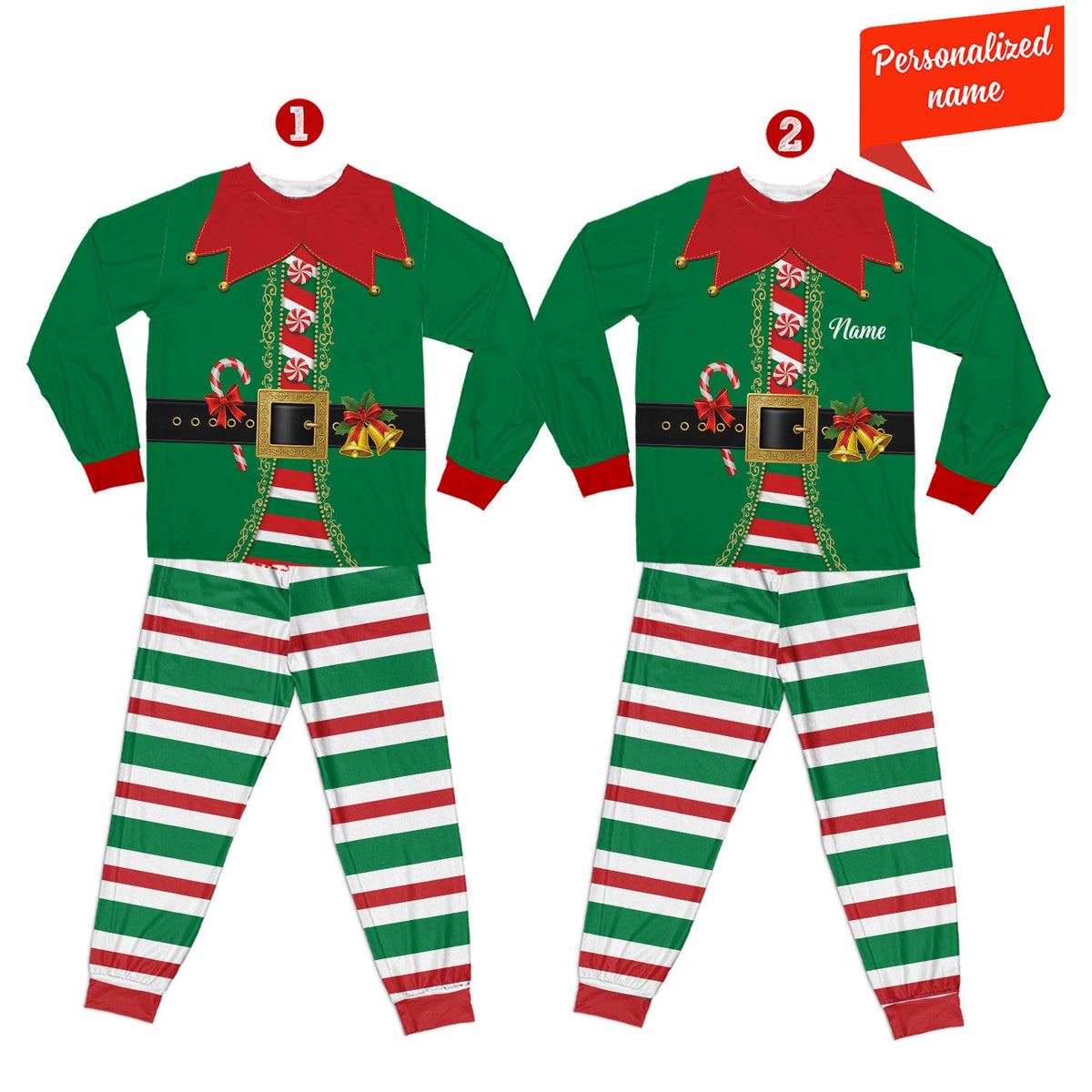 Personalized elf christmas pajama set with custom name and number, front view