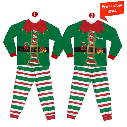 Front view of the green elf matching xmas family pajamas top