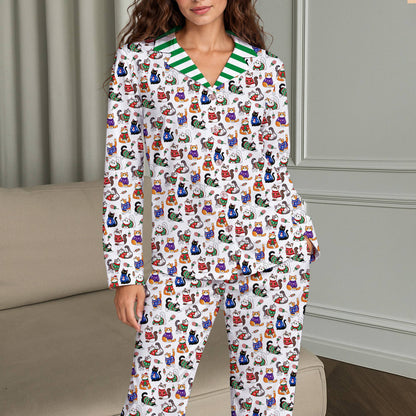 Main view of the christmas pajama set featuring cats in holiday attire