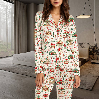 Lifestyle view showing the cheerful carnival print matching family pajamas being worn