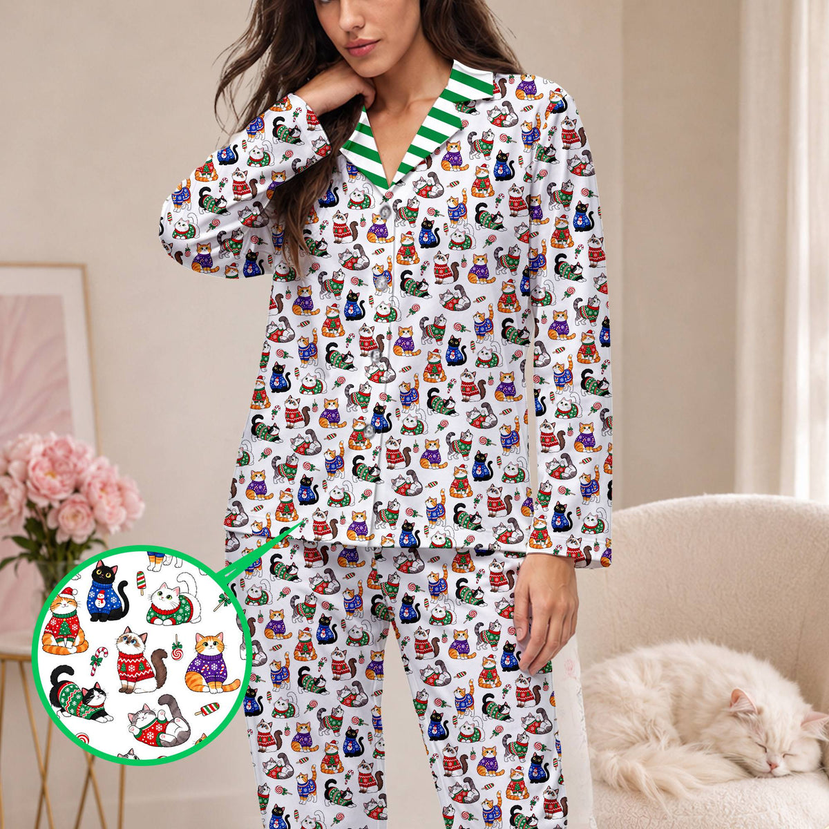 Lifestyle image of the festive pajama set in a relaxed home setting