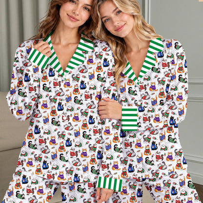 Lifestyle view of a person wearing the christmas pajama set on a holiday morning