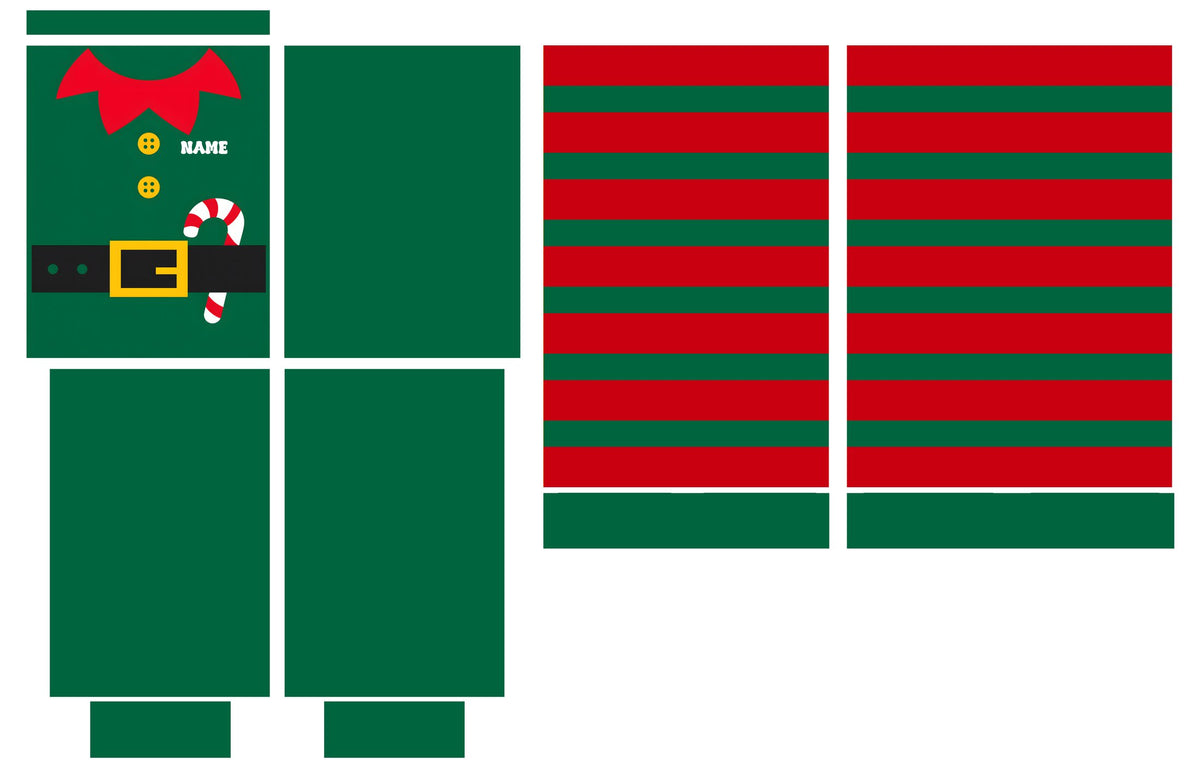 Personalized green Elf suit christmas pajama set featuring striped details and custom name, alternate view
