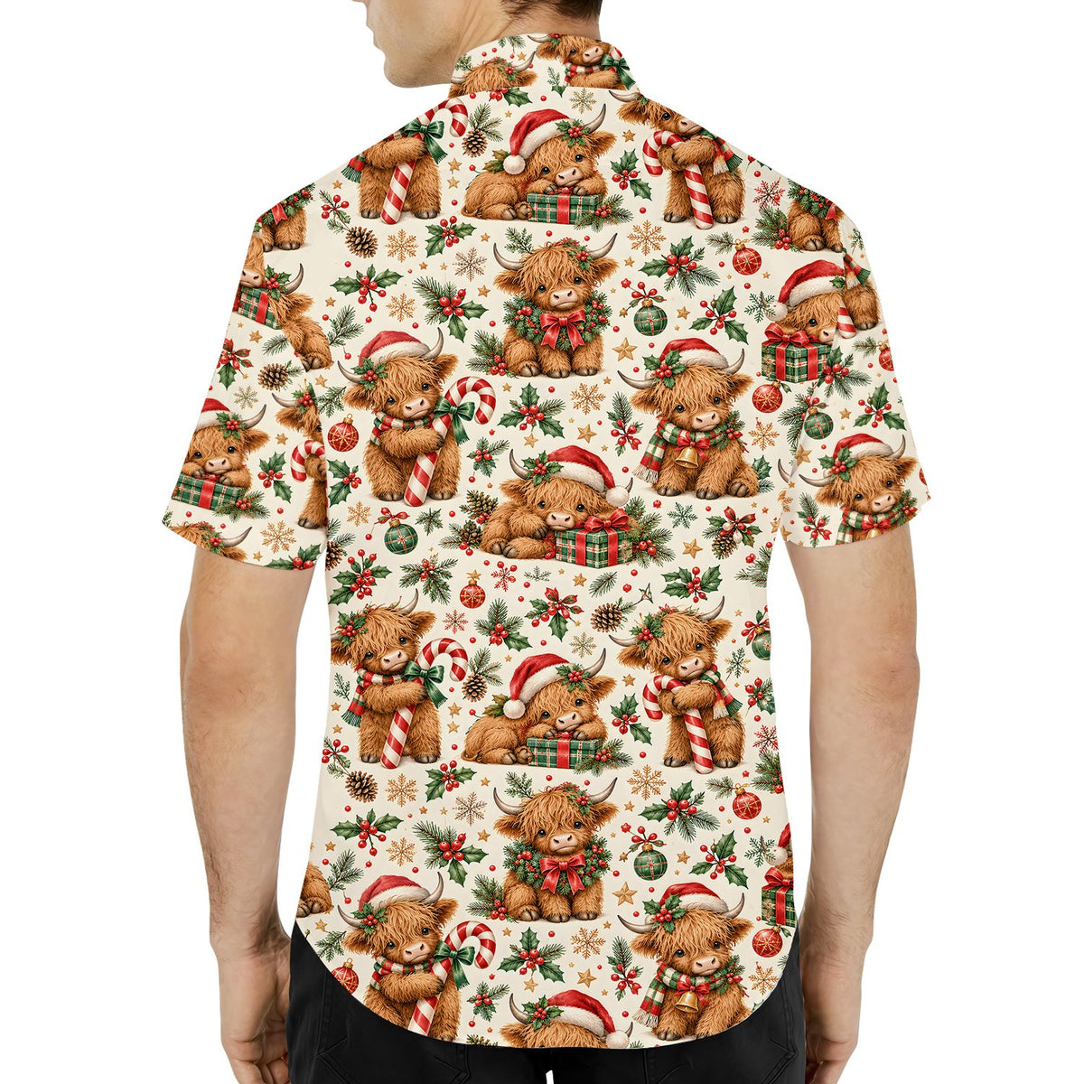 Close-up back view of the Highland cow holiday pajama set