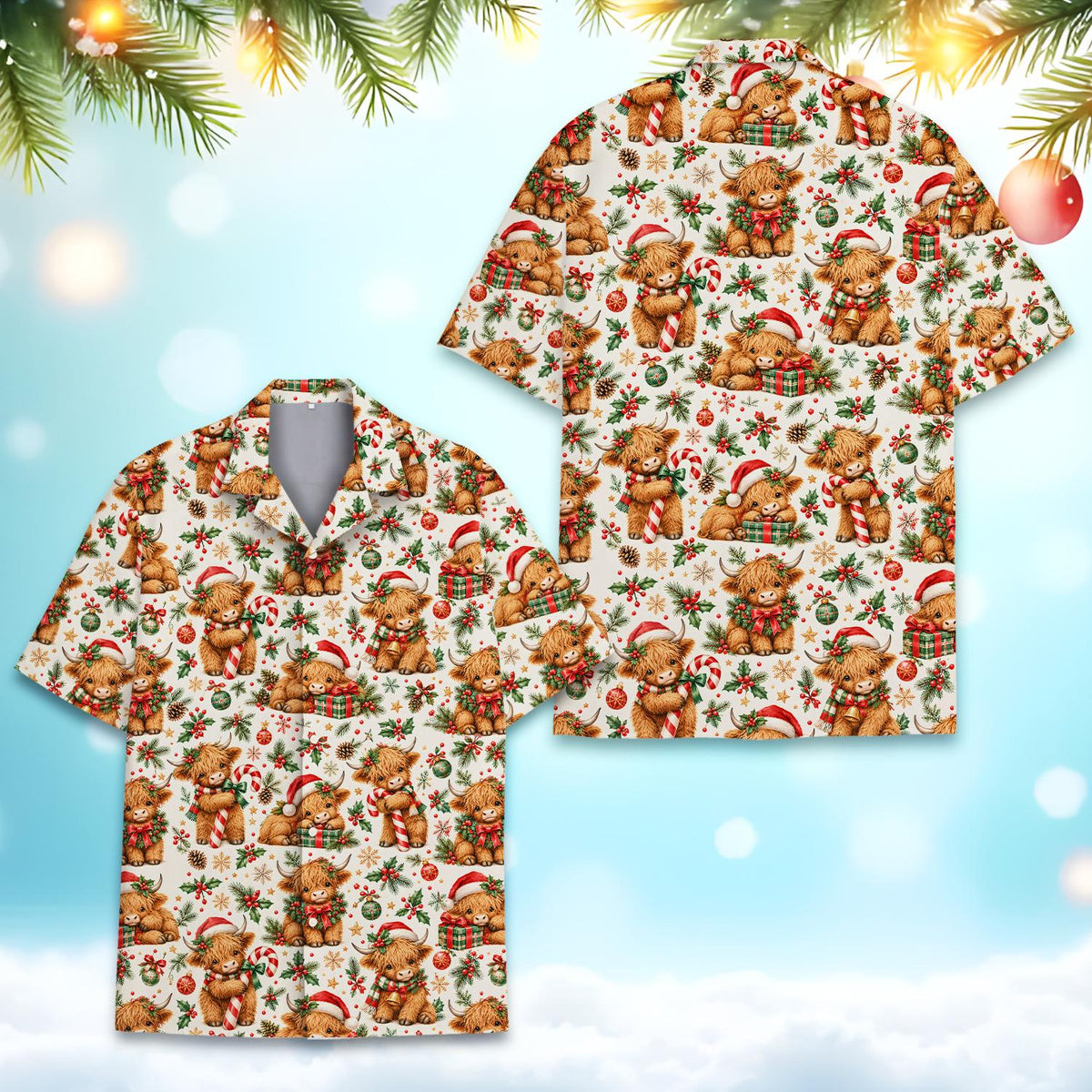 Front view of the Christmas highland cow pajama set