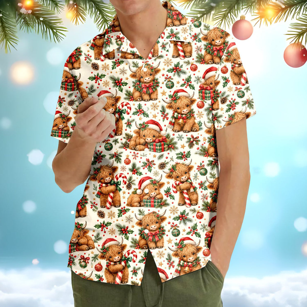 Family wearing the Christmas highland cow pajama set in a lifestyle setting