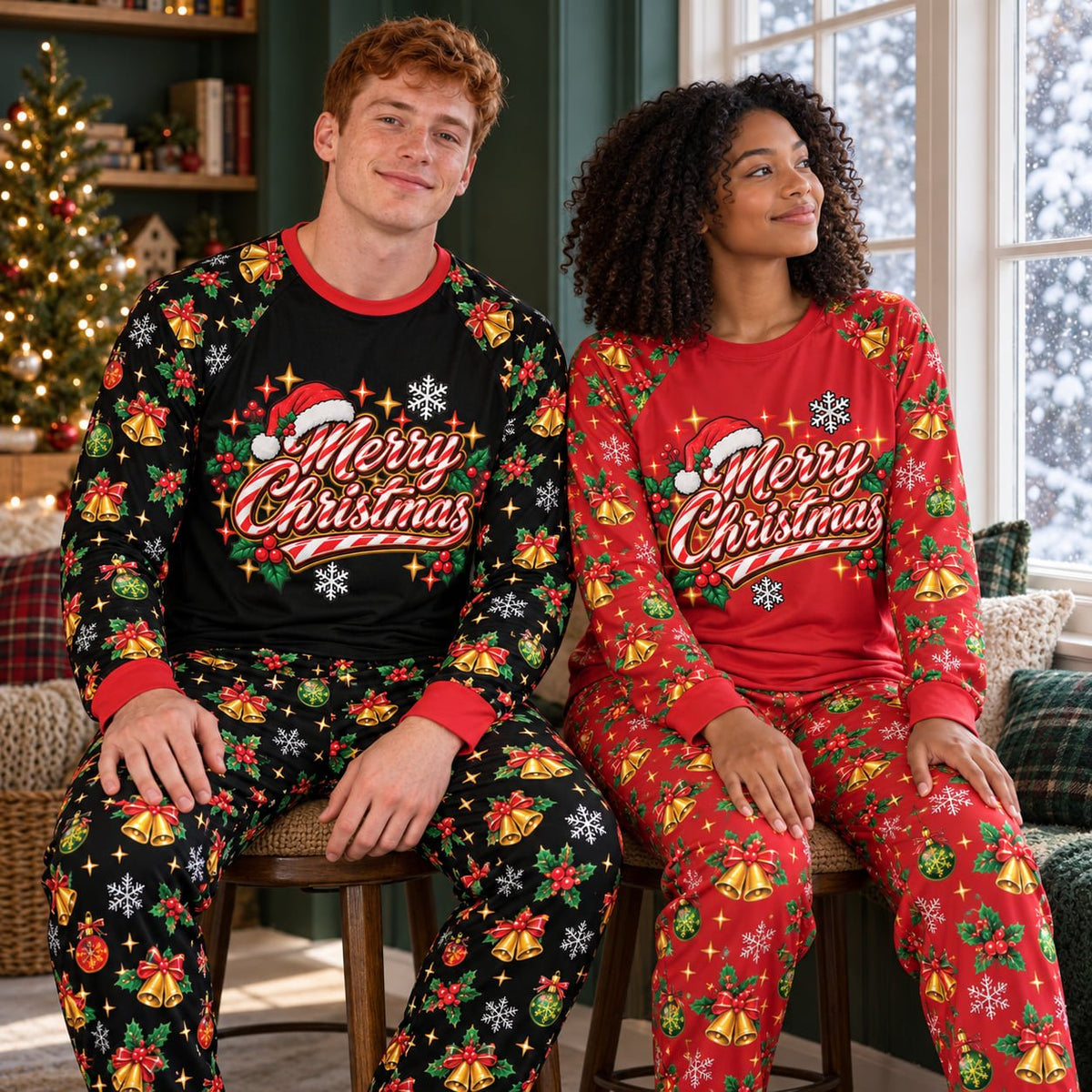 Lifestyle view of a family wearing their matching christmas pajamas for family