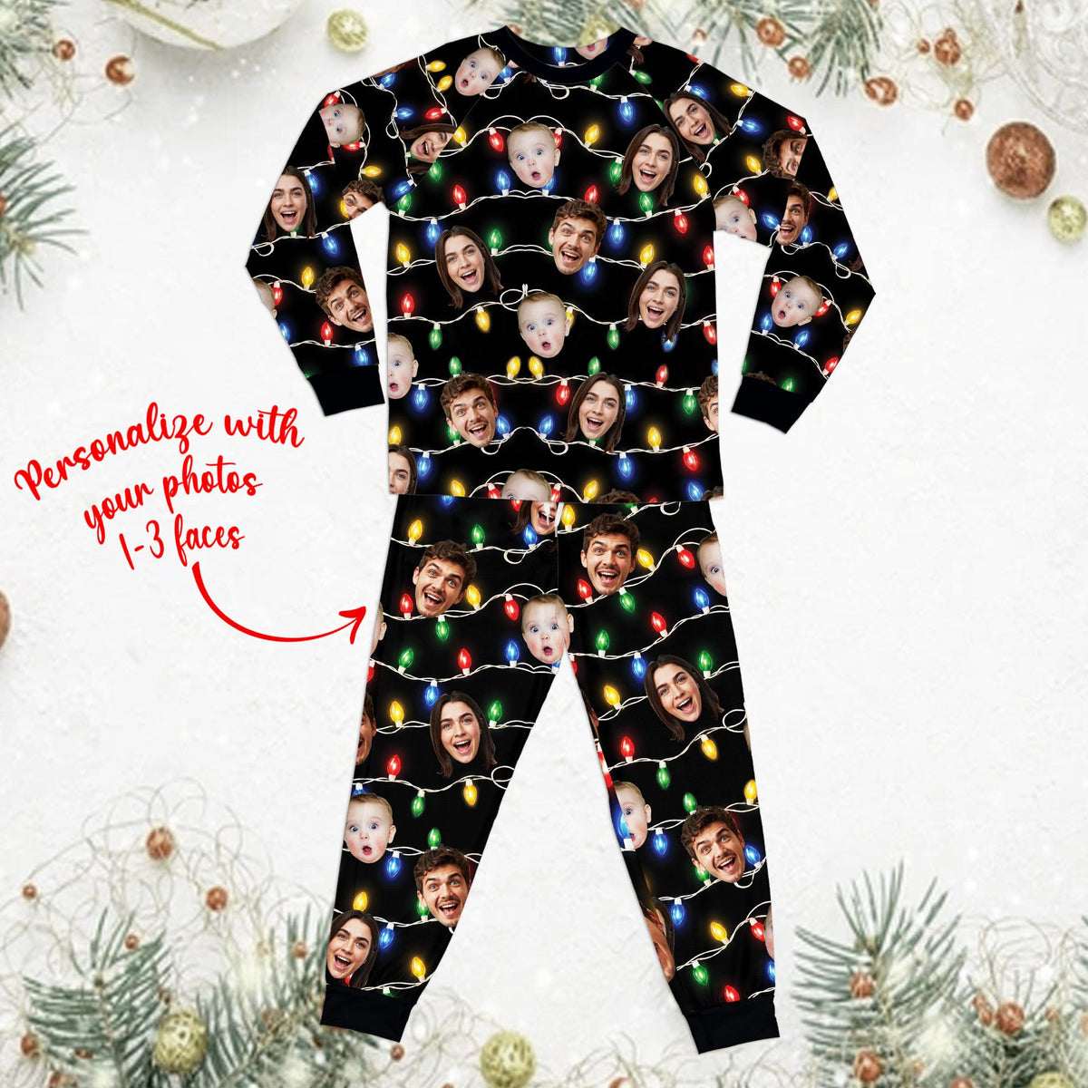 Another front view of the custom photo pajama set with Christmas lights