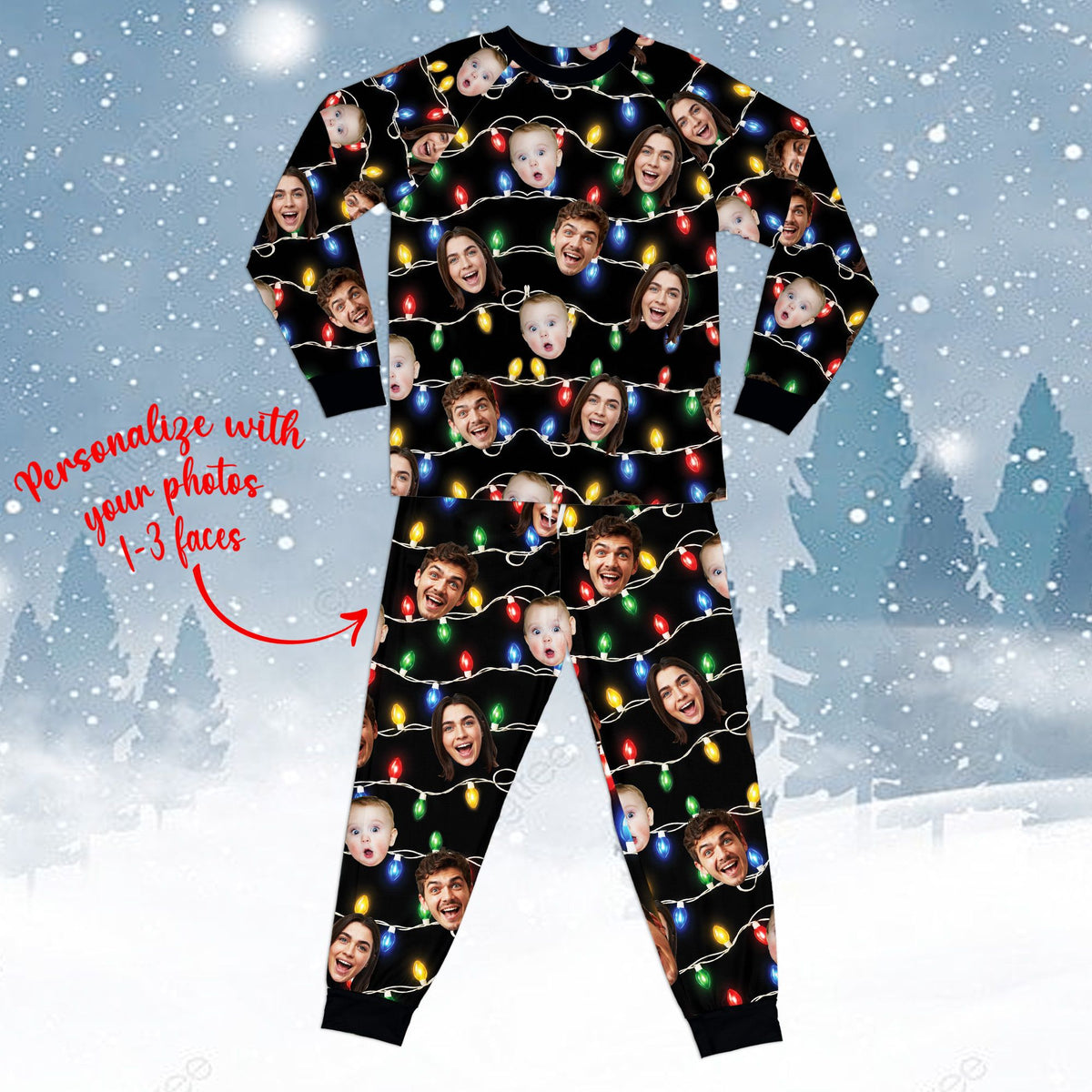 Front view of the matching family pajamas featuring colorful holiday lights
