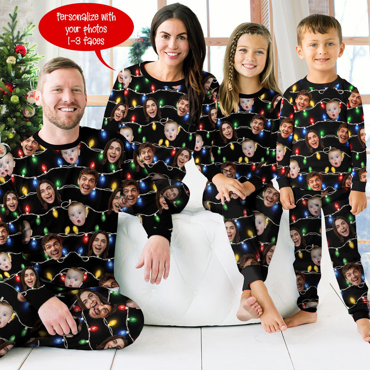 Lifestyle view of a family wearing their matching xmas pajamas family set