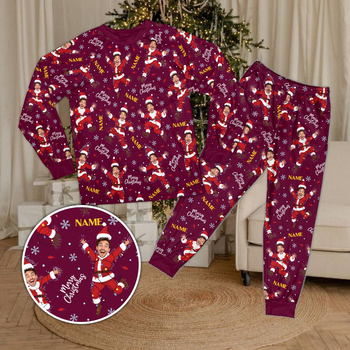 Maroon holiday family matching pajamas with personalized face design, front view