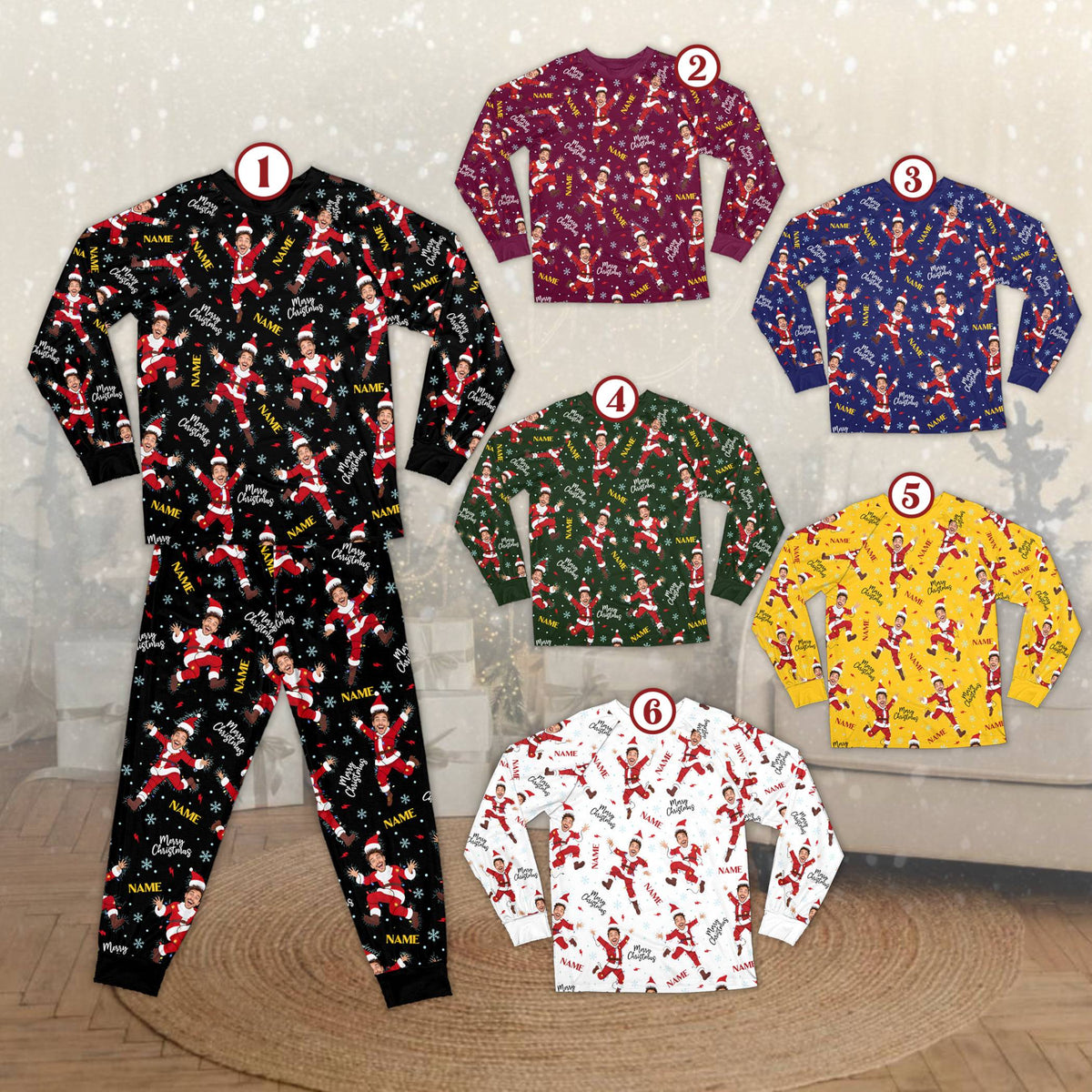 Multicolor custom face christmas pajama set, front view