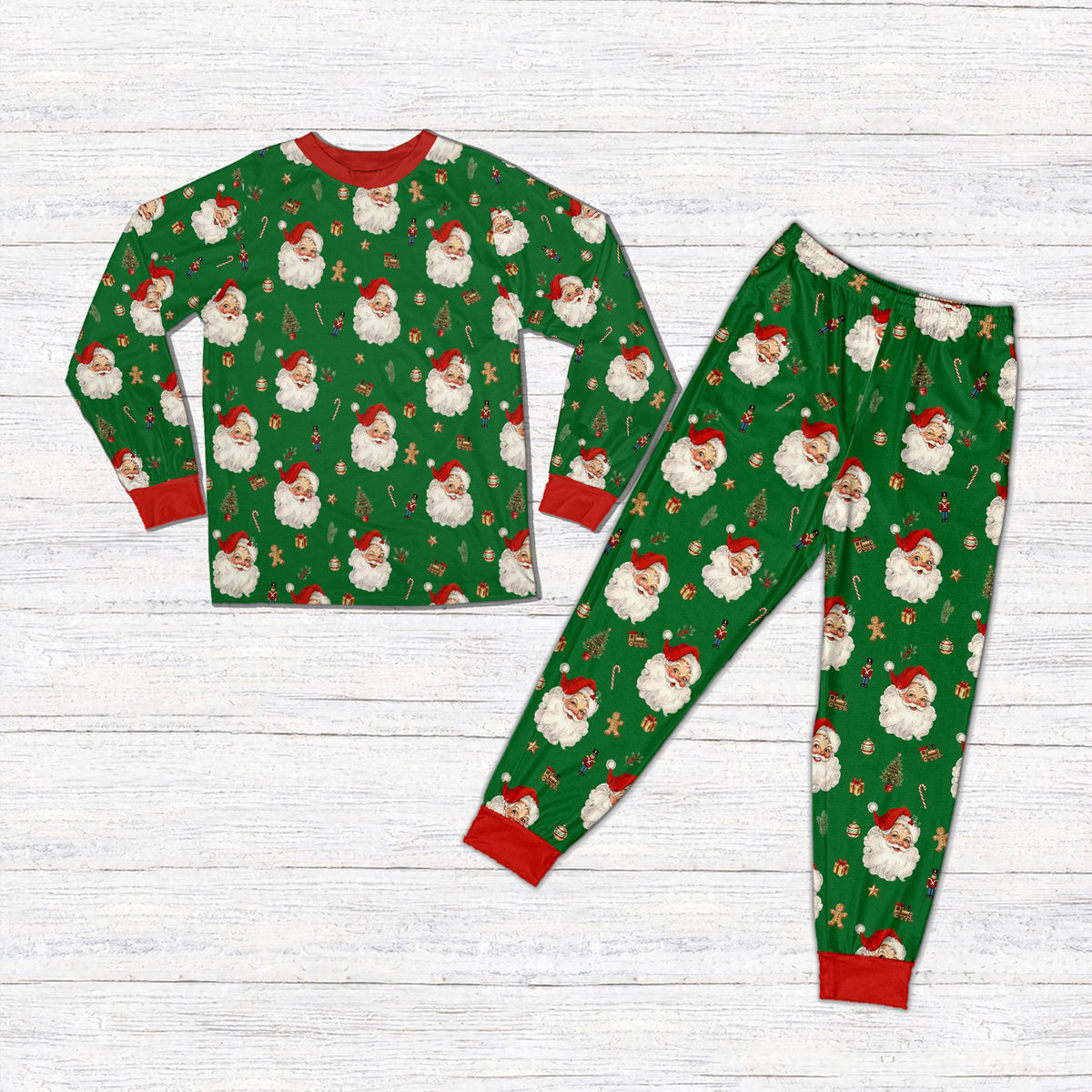 Front view of the multicolor long-sleeve holiday pajama shirt and pants.