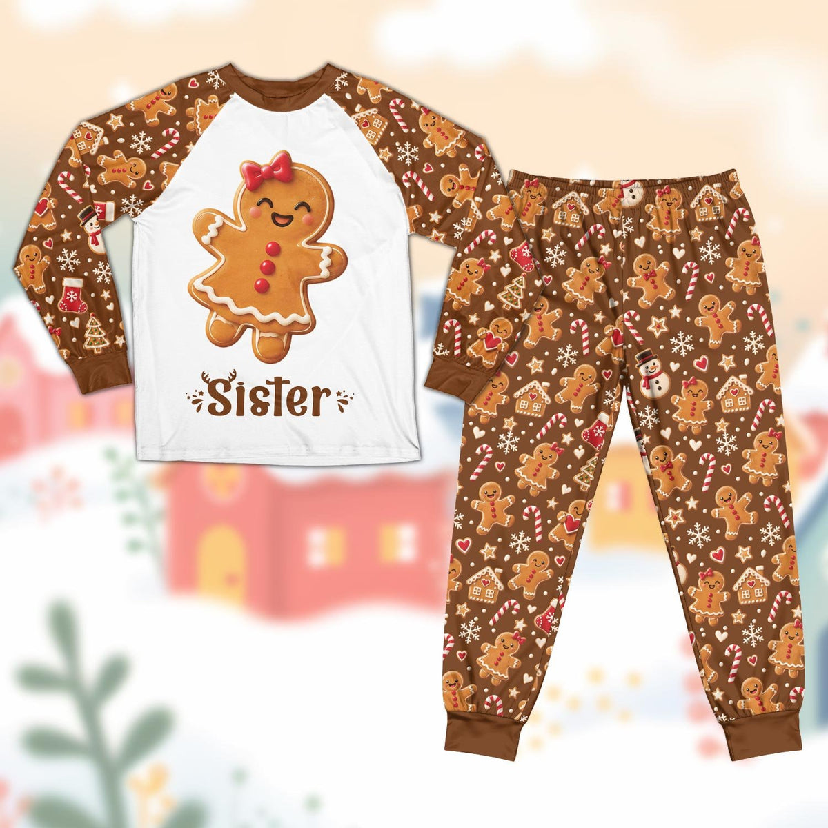 Matching family christmas pajama set featuring a gingerbread character top and patterned brown pants