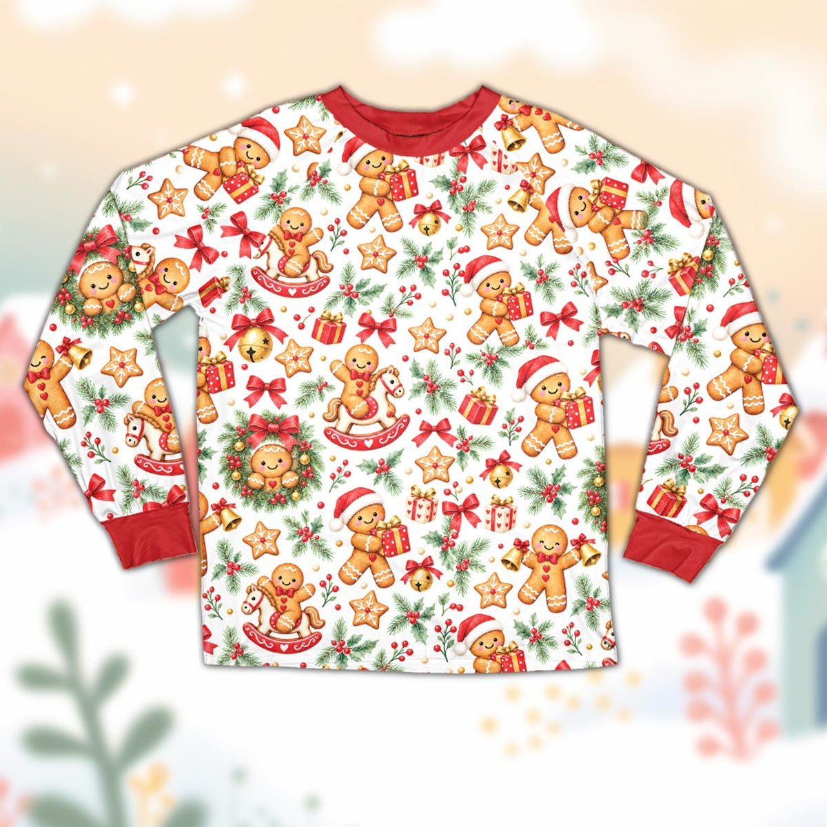 Matching christmas pajama set featuring gingerbread and pine pattern on white background