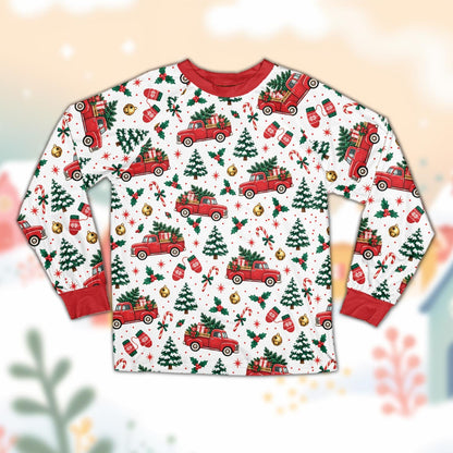 Front view of the vintage red truck christmas pajama set showing the solid red collar and cuffs