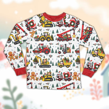 Main view of the matching family christmas pajama set featuring a construction vehicle and snowmen design