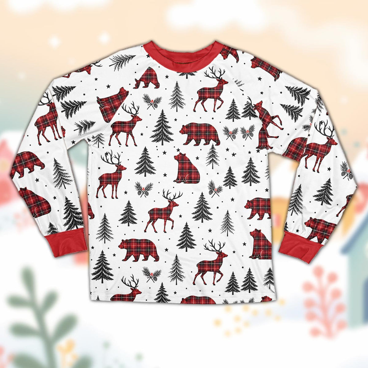 Front view of the matching holiday pajamas with red collar and cuffs