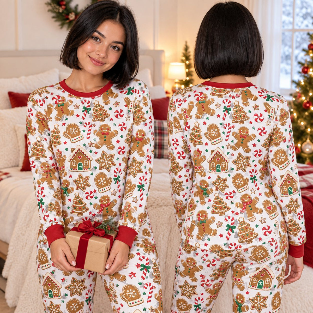 Matching family christmas pajama set featuring gingerbread and candy cane pattern, main view