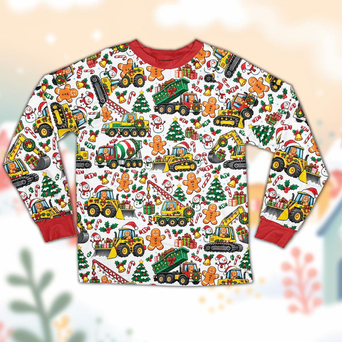 Front view of the christmas pajama set showing the festive excavator and candy cane pattern