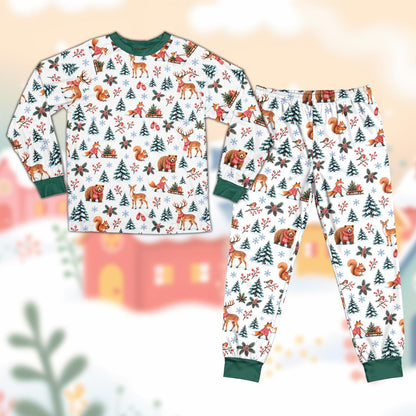 White woodland animal christmas pajama set with green collar and cuffs, front view