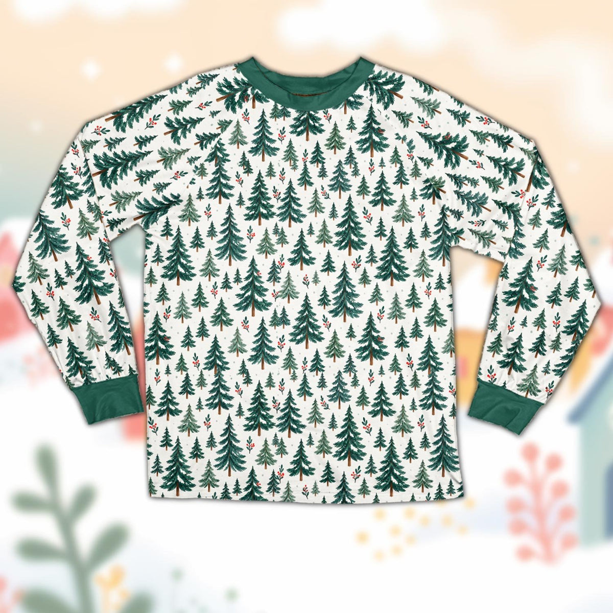 Main view of the christmas pajama set featuring evergreen trees and red berries on a white background