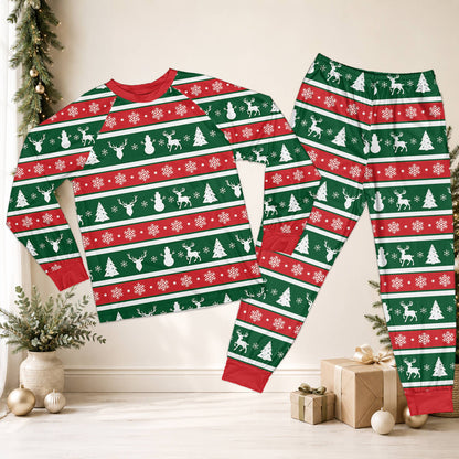 Festive christmas pajama set featuring red and green stripes with white reindeer and snowman silhouettes, front view