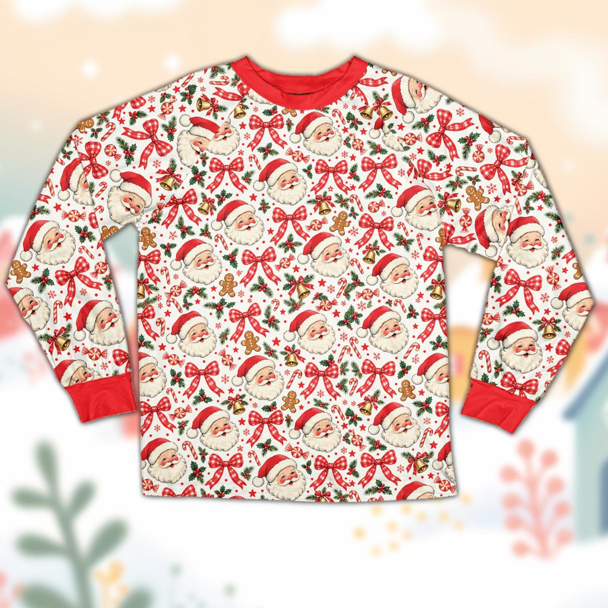 Matching family christmas pajama set featuring vintage Santa and gingerbread men, front view.
