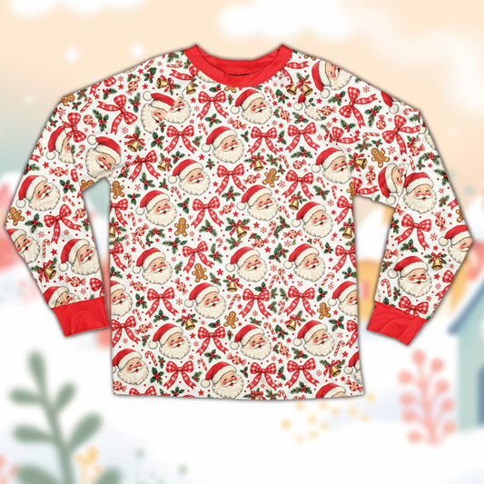 Matching family christmas pajama set featuring vintage Santa and gingerbread men, front view.