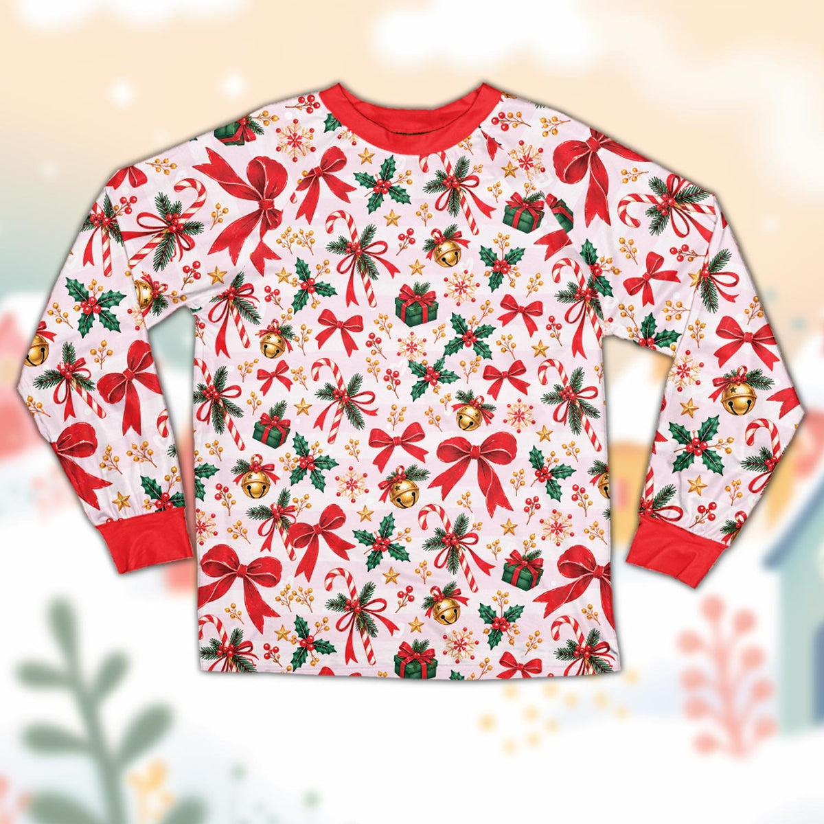 Festive christmas pajama set featuring candy canes and red bows on a white background, main view