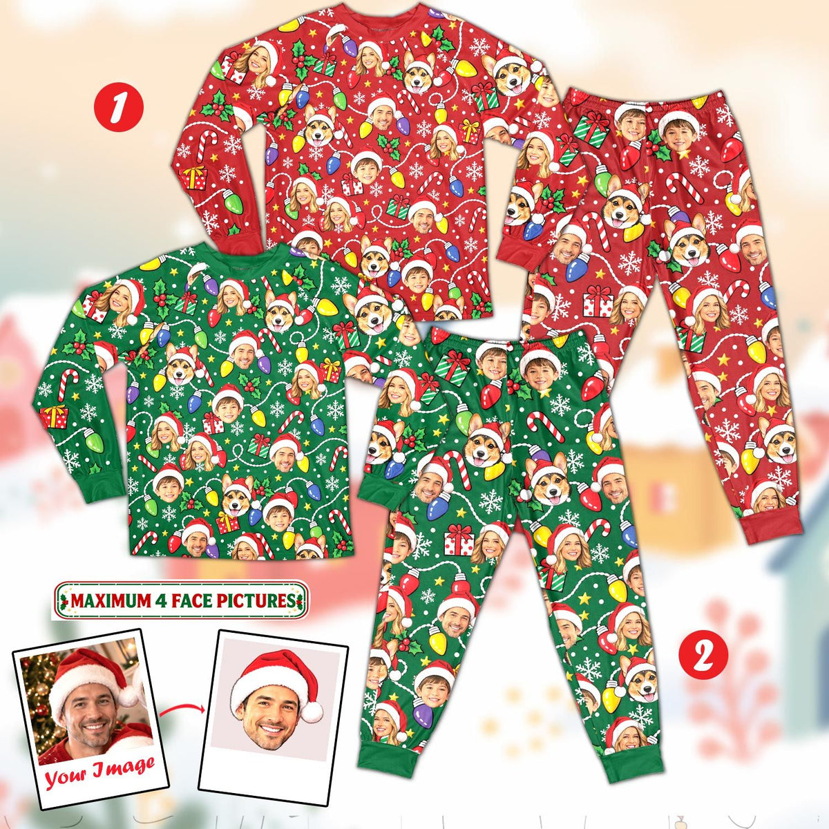 Multicolor matching family christmas pajama set with custom face and corgi pattern, front view