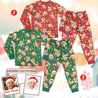 Multicolor matching family christmas pajama set with custom face and corgi pattern, front view