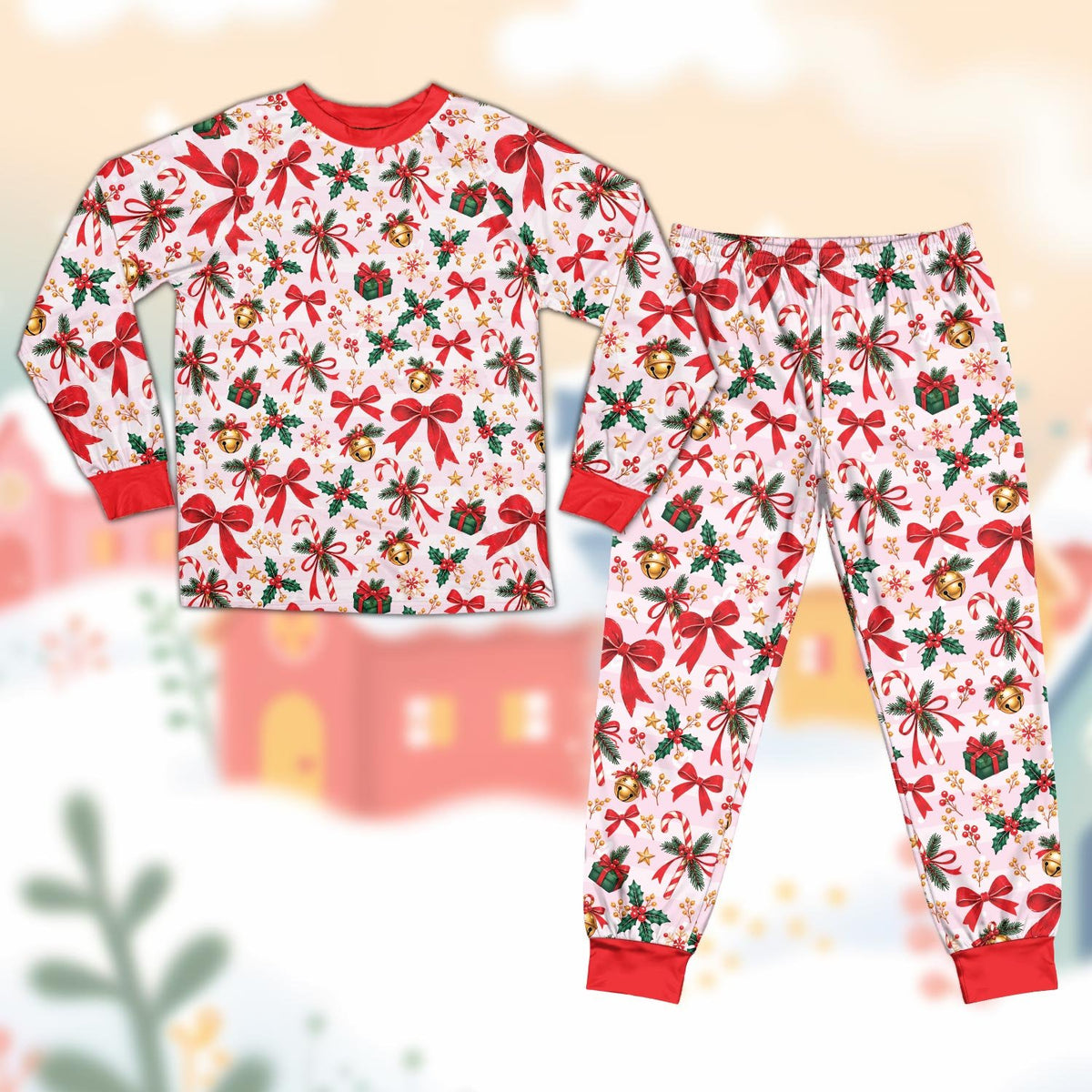 Detailed front view of the family matching holiday pajamas showing the festive bells and holly design