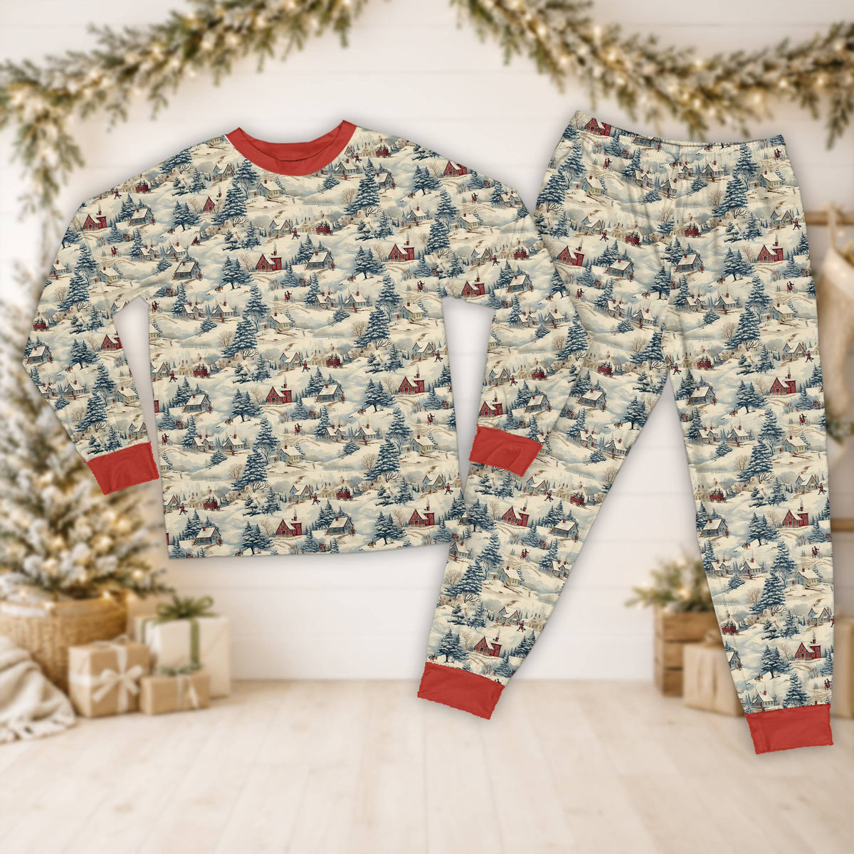 Close-up of the vintage Santa and snowy house print on the pajama set