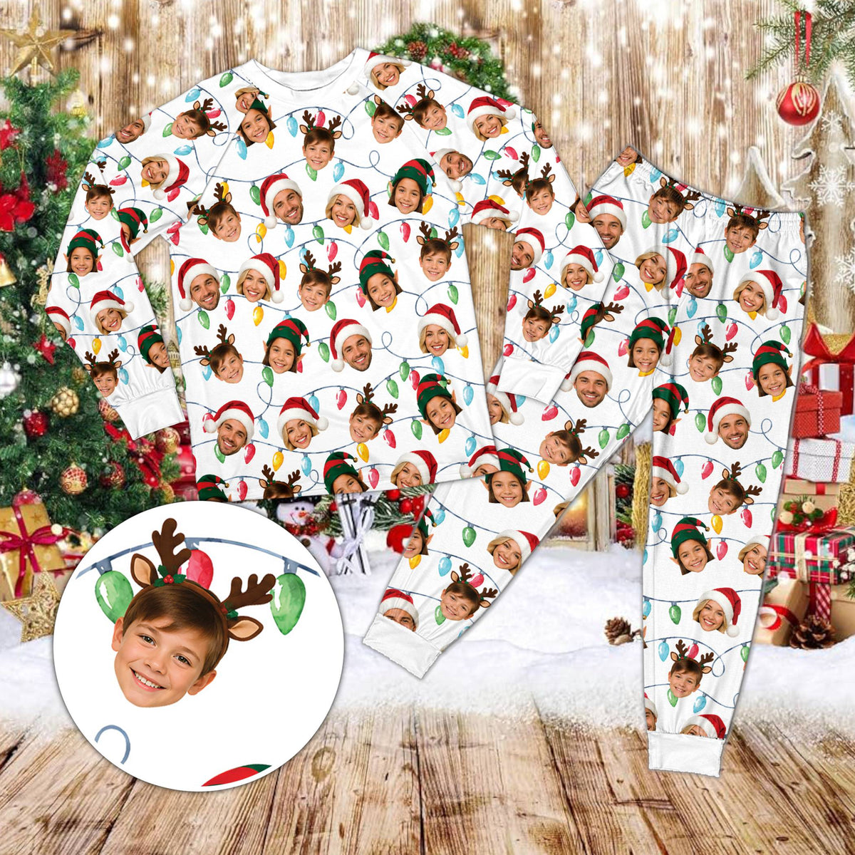 Front view of the multicolor matching family pajamas with personalized name and number