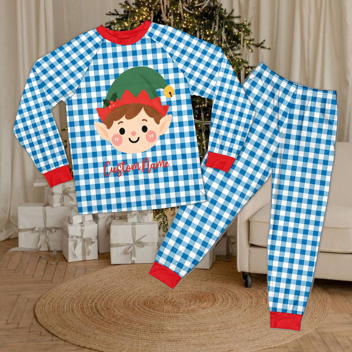 Front view of red and green plaid matching xmas pajamas family