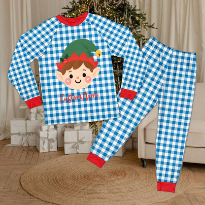 Front view of red and green plaid matching xmas pajamas family